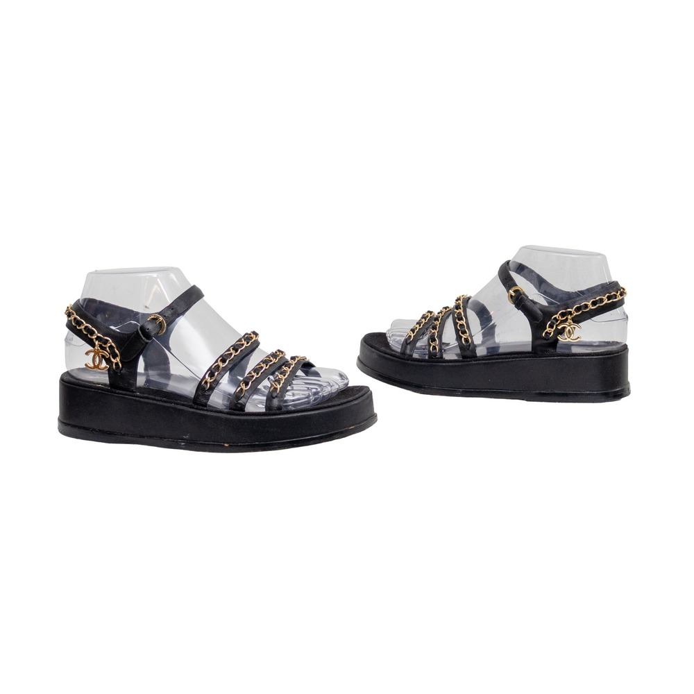Chanel Black Leather Chain Link Platform Sandals CC Logo G37140 Size 36C
